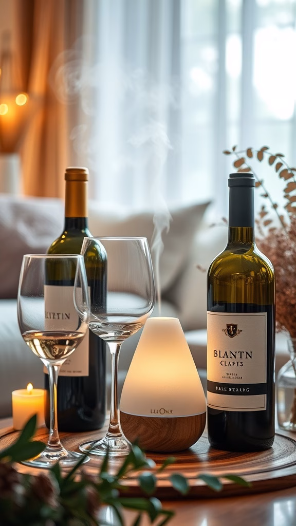 A cozy setup featuring wine bottles, elegant glassware, a soft glowing lamp, and a candle, creating a warm atmosphere.
