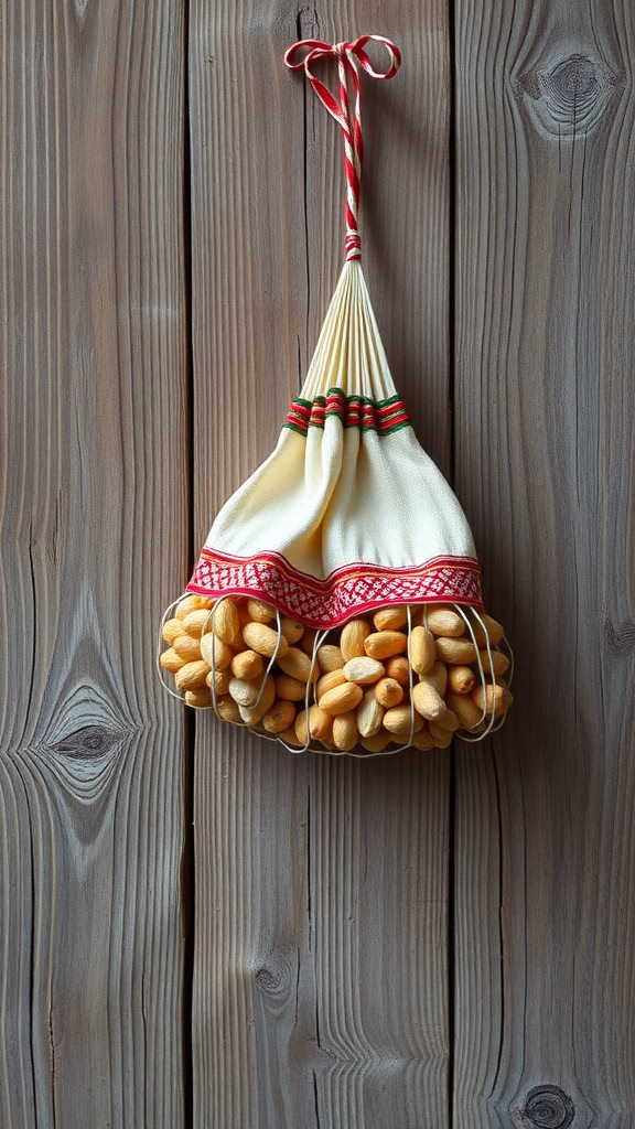 A traditional hanging bag filled with nuts, representing Churchkhela, a Georgian dessert.