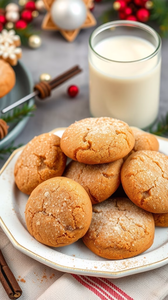 Delicious churro snickerdoodles cookies on a plate with holiday decorations
