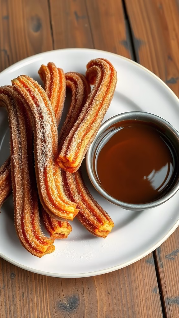 Delicious churros served with chocolate dipping sauce on a plate.