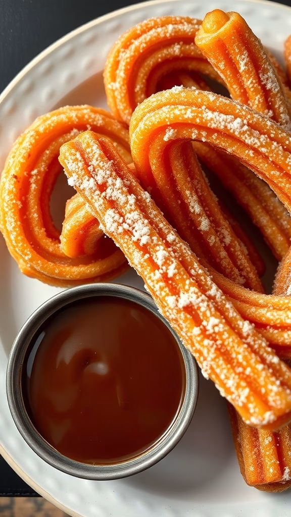 Delicious churros coated in sugar with a side of chocolate sauce