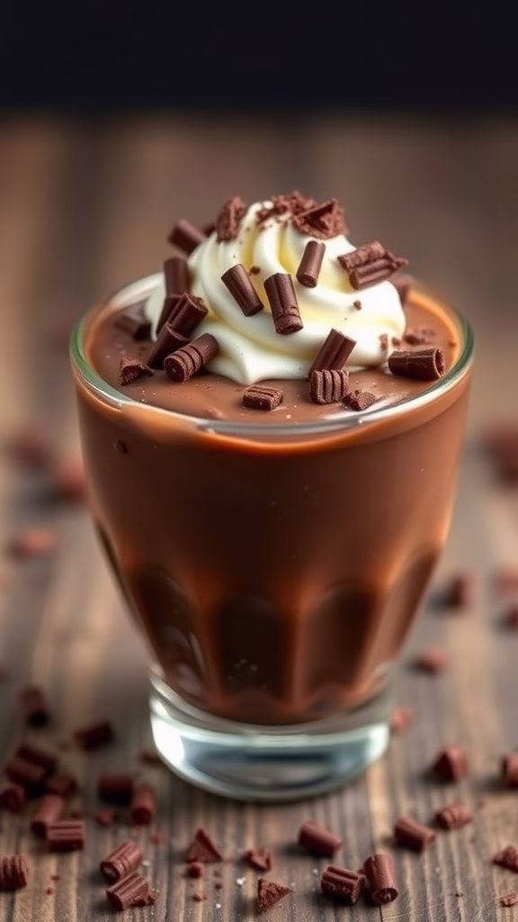 A creamy cup of chocolate pudding topped with whipped cream and chocolate shavings.