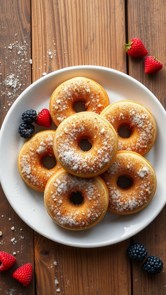 A plate of cinnamon sugar baked donuts with berries