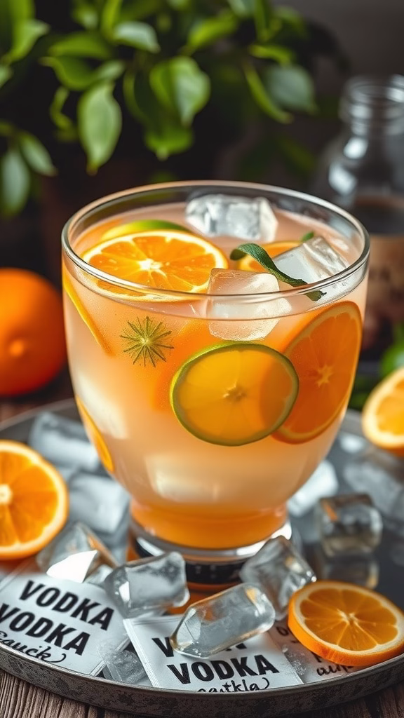 A refreshing citrus vodka punch with slices of orange and lemon, perfect for a Valentine's Day party.