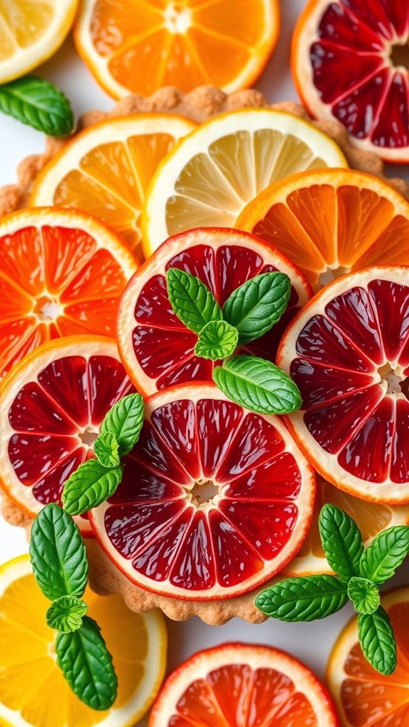 A colorful fruit tart topped with citrus slices and mint leaves