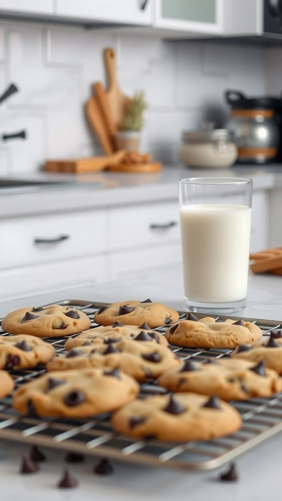 Freshly baked chocolate chip cookies cooling on a wire rack beside a glass of milk.