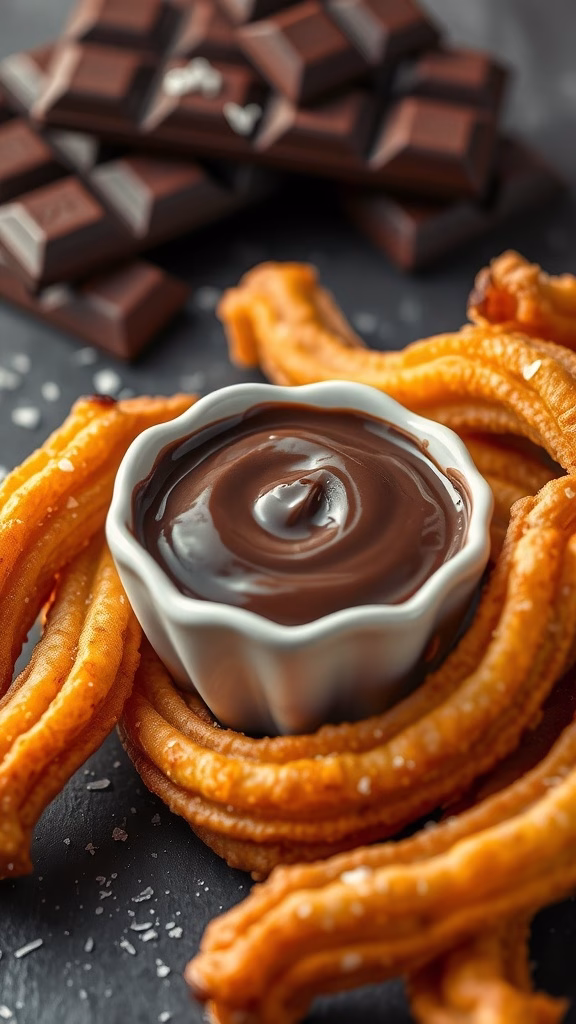 Classic chocolate ganache in a bowl with churros for dipping