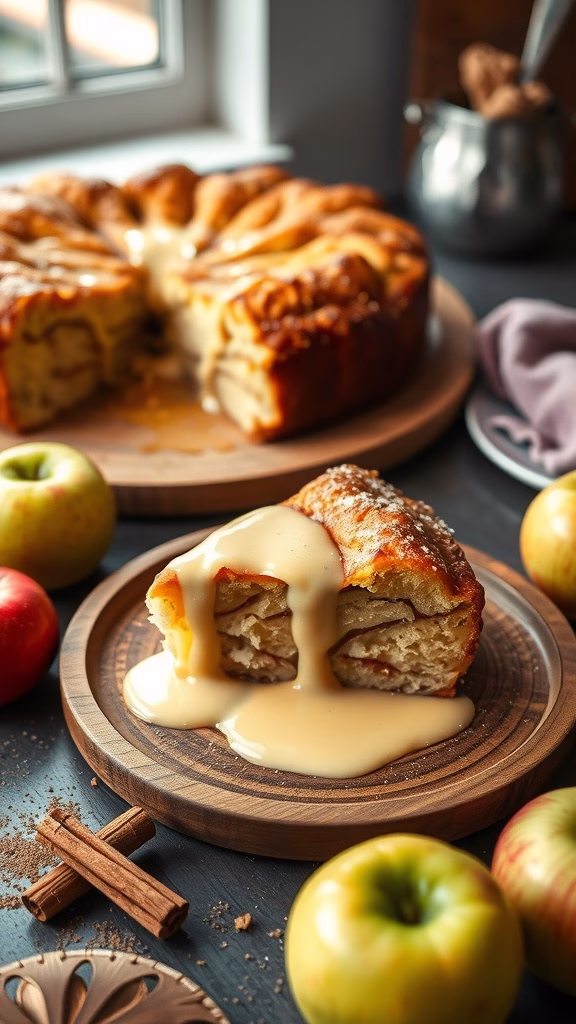 A slice of classic Irish apple cake with custard sauce, garnished with apple slices.