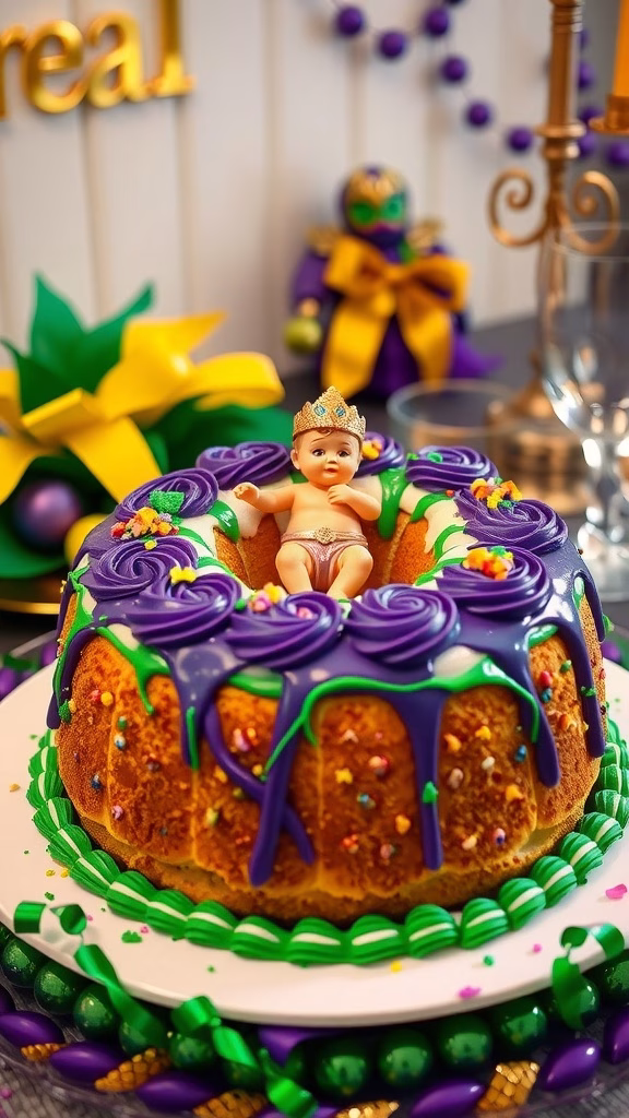 A festive King Cake decorated with bright icing and colorful sprinkles, featuring a small baby figurine on top.