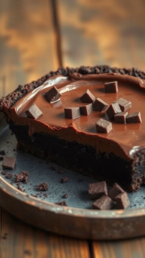 A slice of decadent chocolate pie with chocolate ganache and chunks on top