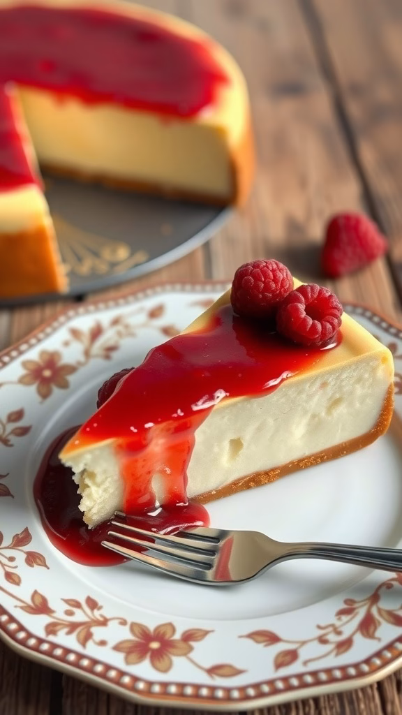 Slice of classic New York cheesecake topped with raspberry sauce on a plate.