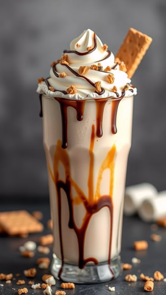 A delicious Classic S'mores Milkshake topped with whipped cream, graham cracker crumbs, and chocolate drizzle.