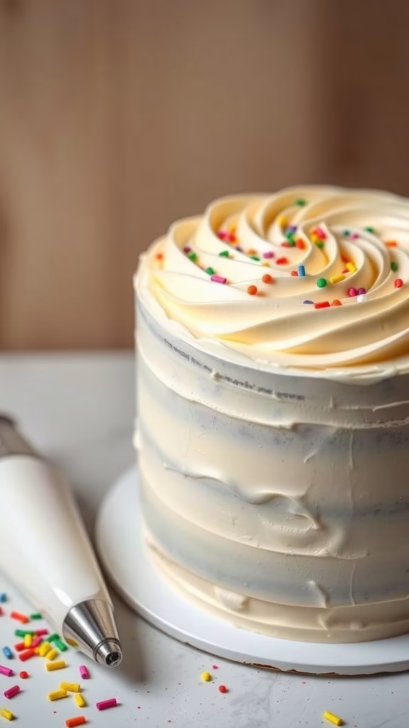 Delicious classic vanilla buttercream frosting on a cake with colorful sprinkles