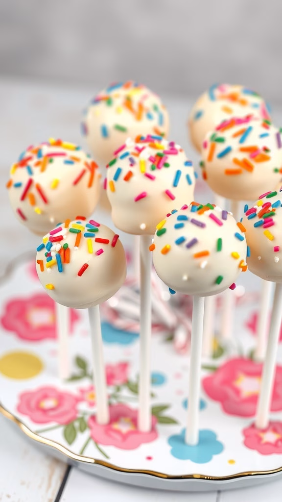 Classic vanilla cake pops with colorful sprinkles