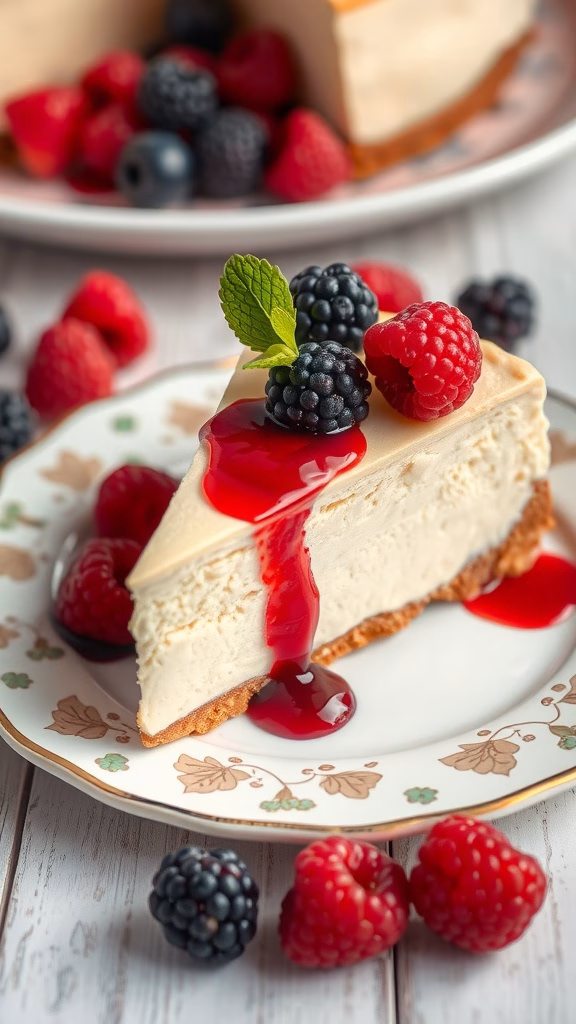 A slice of cloudberry cheesecake with fresh berries on top, served on a decorative plate.