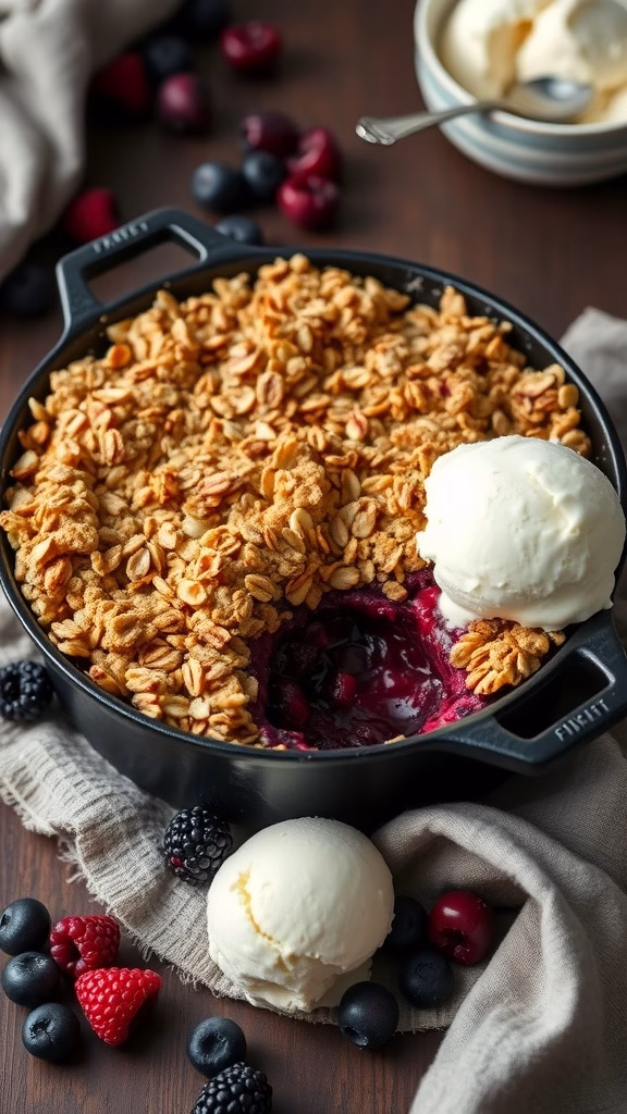 A delicious cloudberry crumble with a crisp oat topping, served with ice cream.