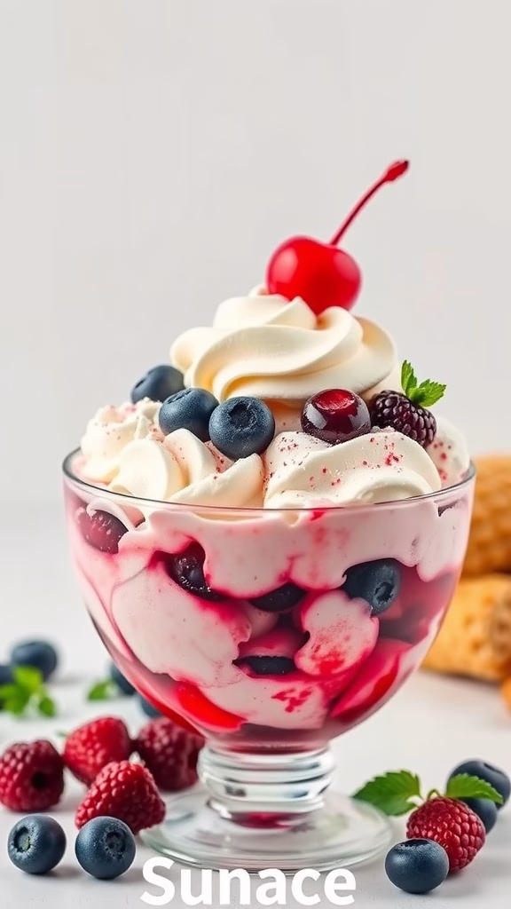 A delicious cloudberry ice cream sundae with whipped cream and fresh berries