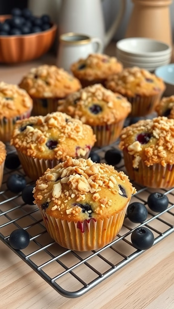 Delicious cloudberry muffins topped with streusel, cooling on a wire rack.