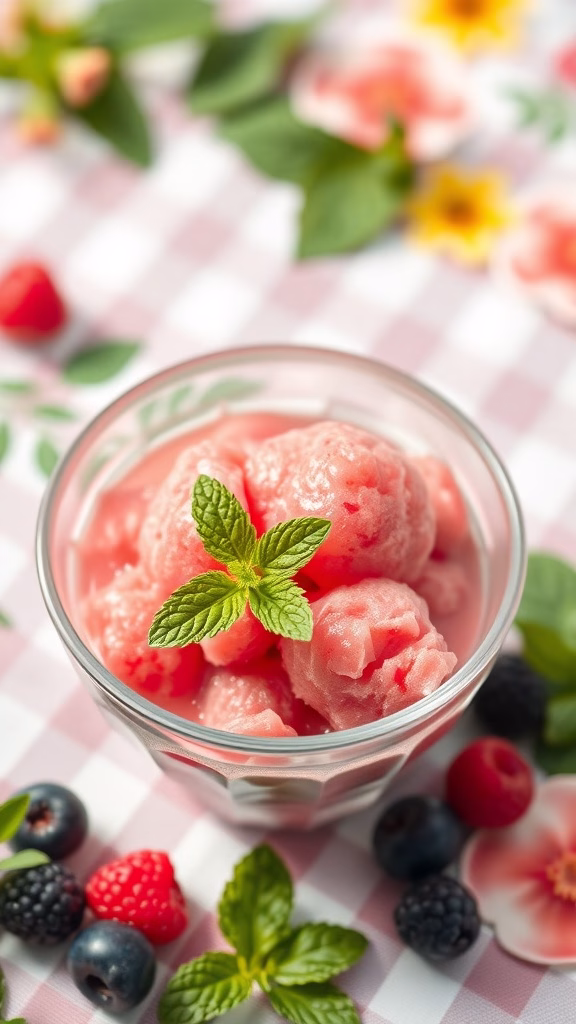 A refreshing bowl of cloudberry sorbet garnished with mint leaves