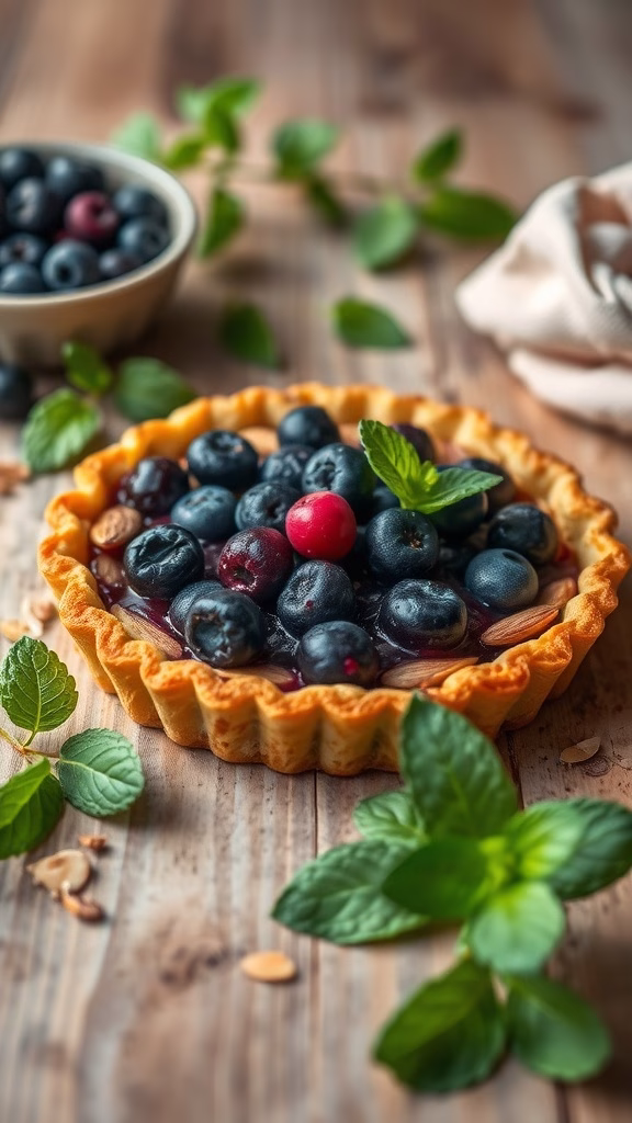 A delicious cloudberry tart with an almond crust, garnished with fresh mint.