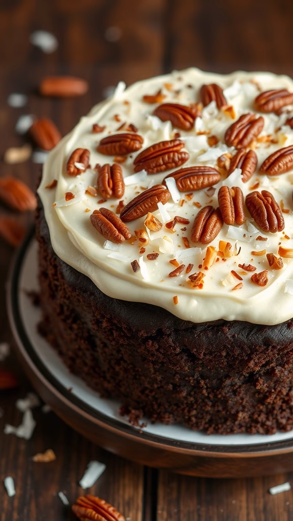 A delicious coconut-pecan frosting on a German chocolate cake topped with pecans and coconut flakes.