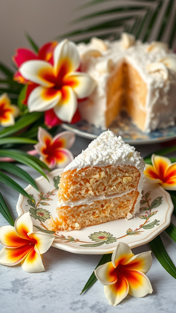 A slice of coconut and pineapple cake served on a decorative plate with tropical flowers.