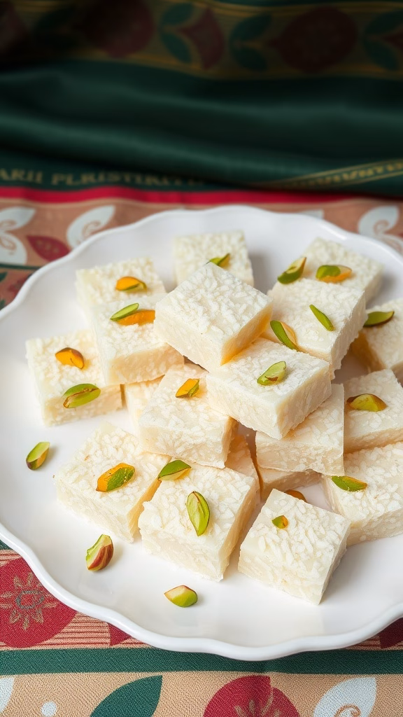 A plate of coconut barfi garnished with nuts
