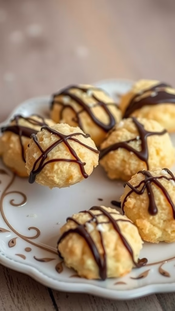 Coconut macaroon bites drizzled with dark chocolate on a plate.