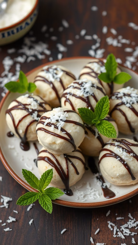 A plate of coconut macaroons drizzled with chocolate and garnished with mint leaves.