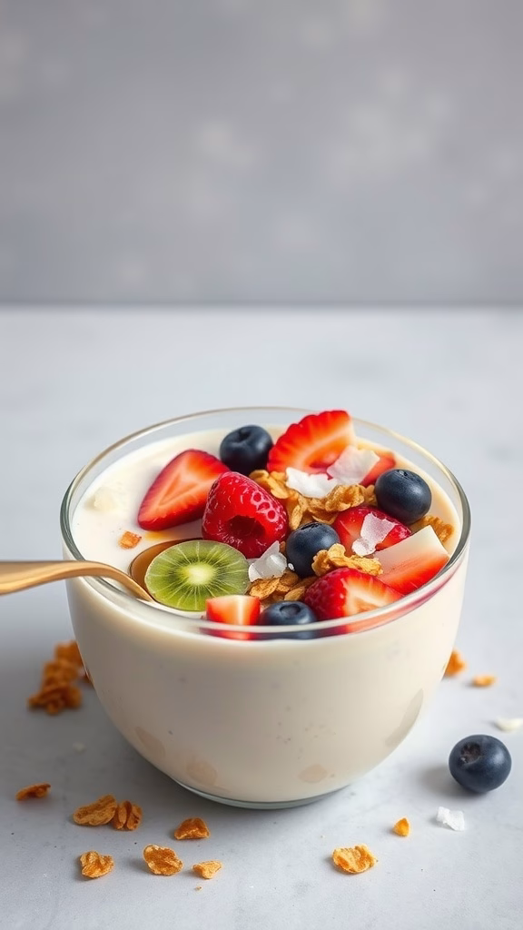 A delicious coconut water smoothie bowl topped with fresh fruits and granola.