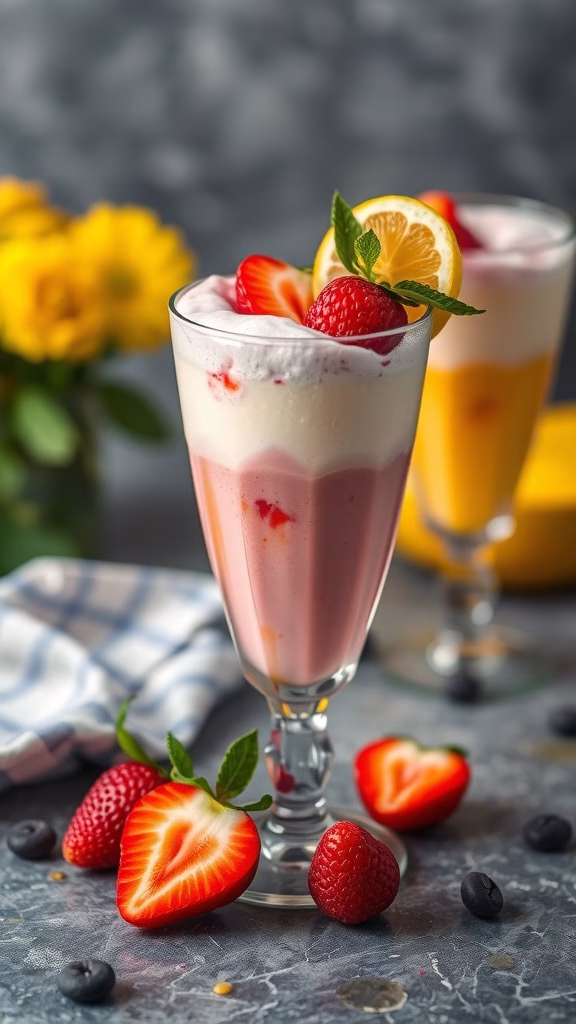 Colorful Lassi Parfaits in serving glasses with fruits and mint garnish