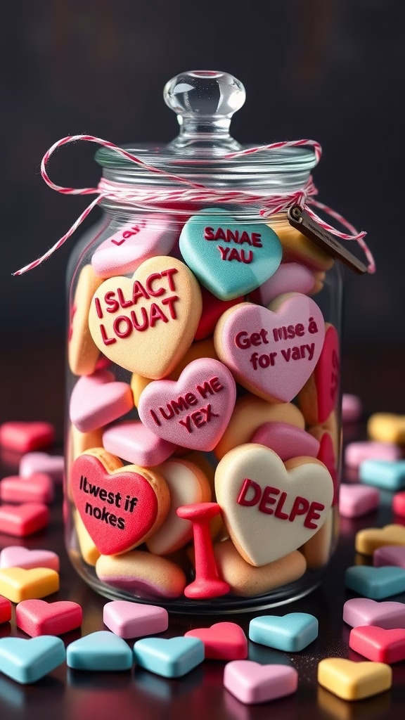 Colorful conversation heart cookies decorated with icing and messages for Valentine's Day.