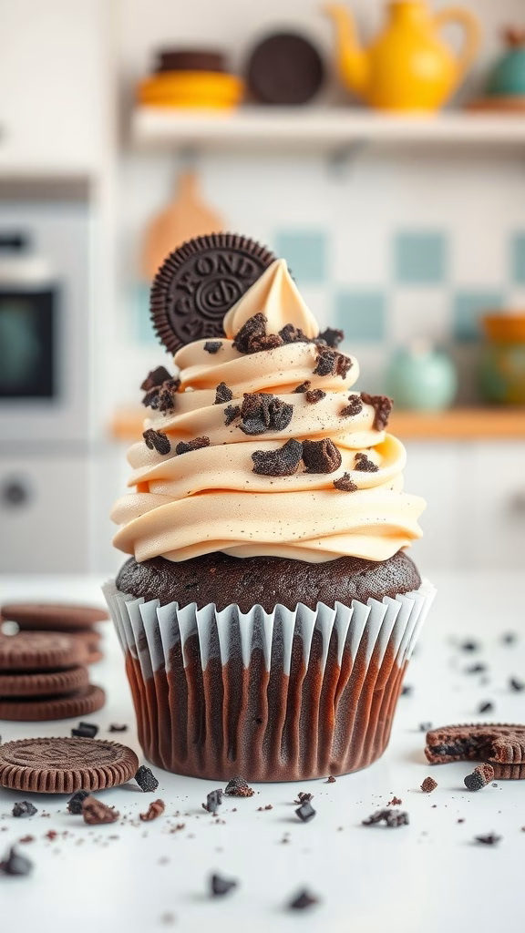 Delicious cookies and cream frosting on a chocolate cupcake topped with crushed cookies.