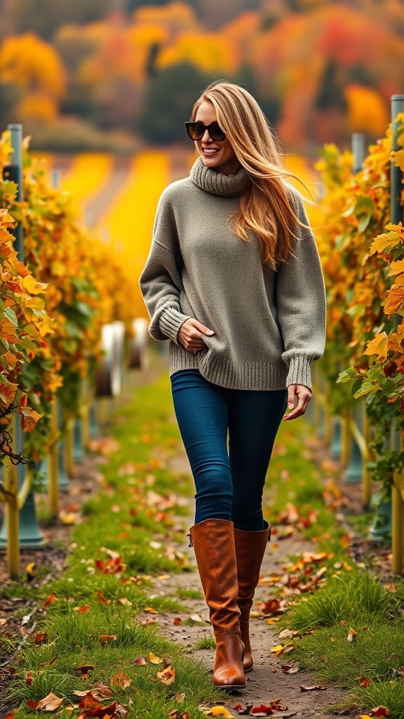 A woman in a cozy sweater and boots walking through a vineyard in autumn.
