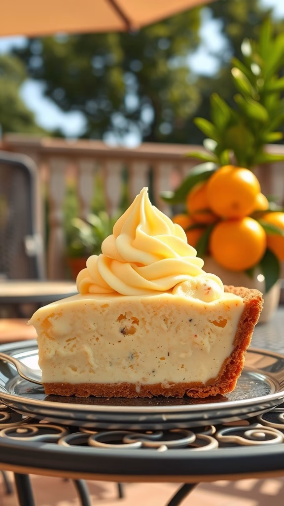 Slice of Creamsicle Ice Cream Pie with a creamy filling and graham cracker crust.