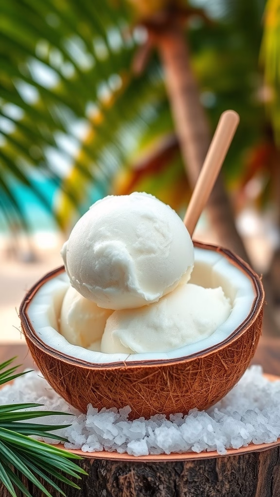 A delicious bowl of creamy coconut sorbet served in a coconut shell.