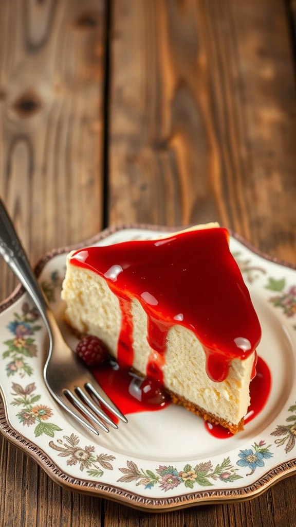 Slice of creamy New York cheesecake drizzled with fruit sauce on a decorative plate.
