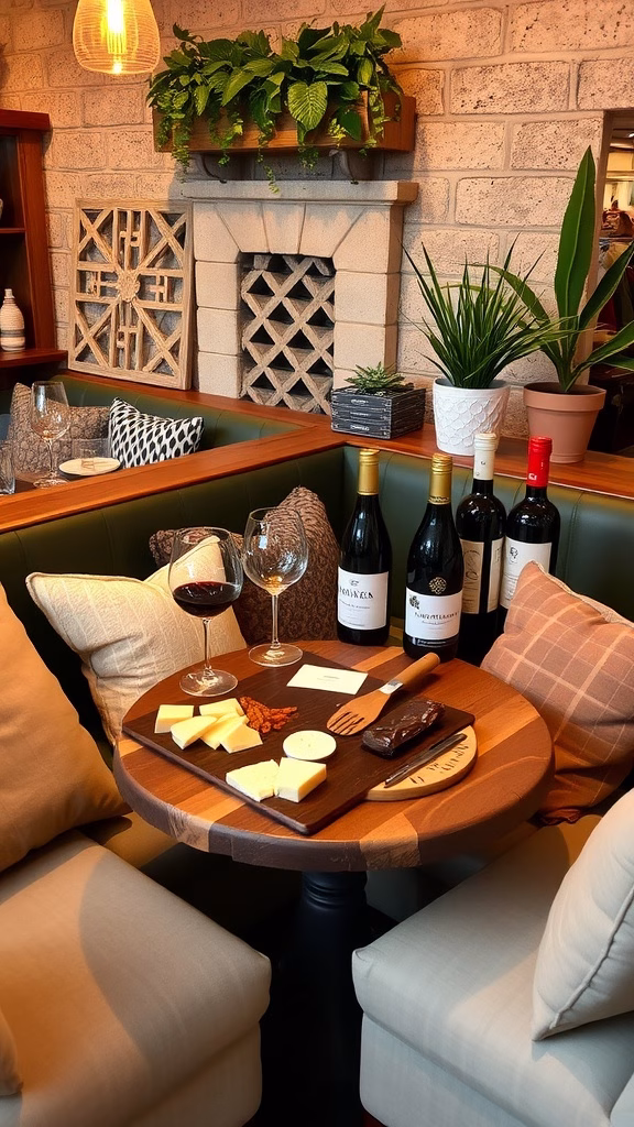 Cozy wine nook setup with wine, cheese, and a fireplace.