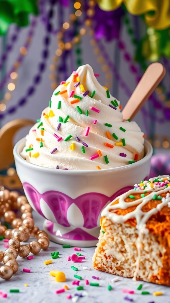 A bowl of creamy Creole cream cheese ice cream topped with colorful sprinkles, alongside a slice of cake, set against a festive Mardi Gras backdrop.