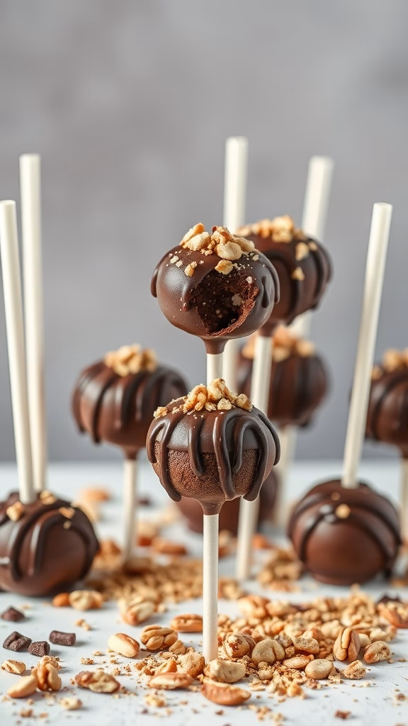 Decadent chocolate cake pops with a glossy chocolate coating and crunchy toppings.