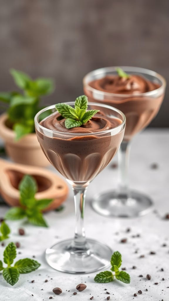 Mint chocolate mousse served in elegant glasses, garnished with fresh mint leaves.
