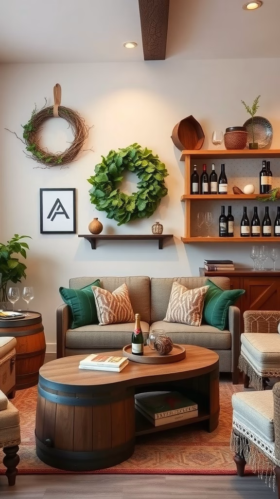 Cozy living area with vineyard-inspired decor featuring wine barrels, greenery, and elegant furnishings.