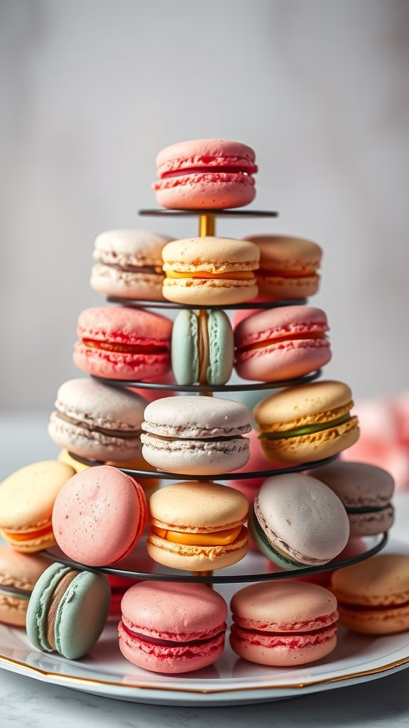 An assortment of colorful French macarons arranged on a tiered stand.