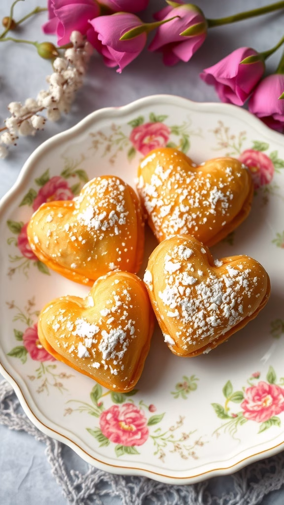 Delightful puff pastry hearts on a floral plate