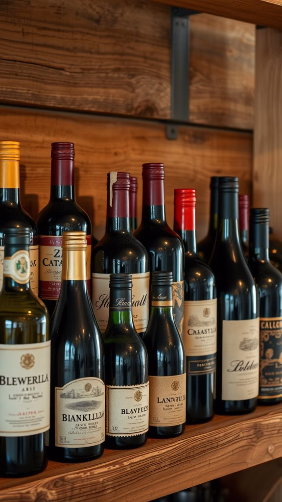 Display of aged wine bottles on a wooden shelf