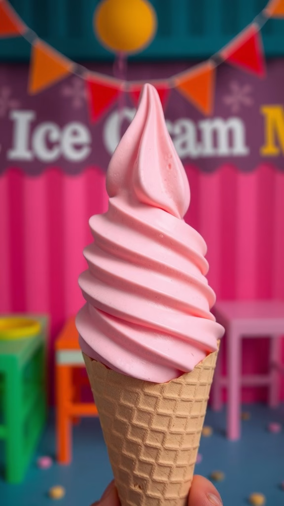 A delicious swirl of pink Turkish ice cream in a cone