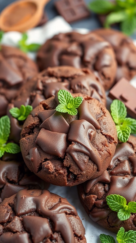 Delicious double chocolate mint cookies with mint leaves