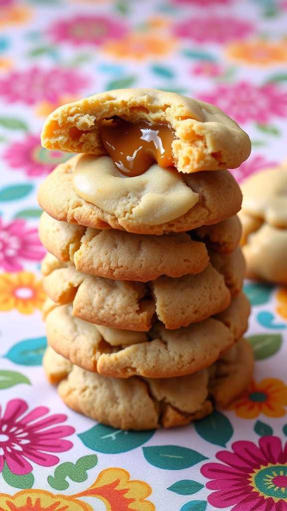 Stack of dulce de leche cookies with a gooey center
