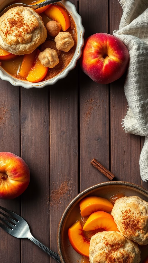 A delicious peach cobbler topped with fluffy biscuits