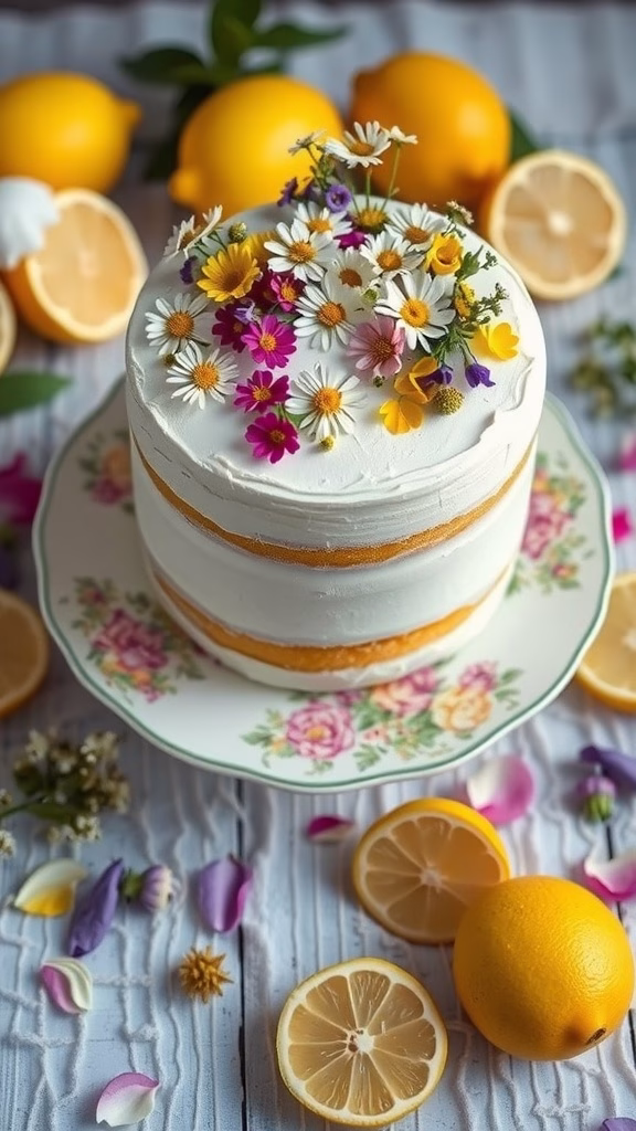 Elderflower and lemon cake decorated with edible flowers and lemon slices